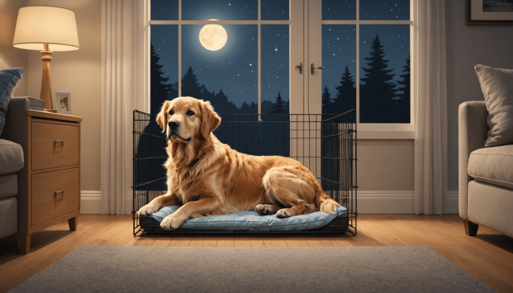 A golden retriever rests quietly in a metal crate indoors, bathed in serene moonlight streaming through the window, unaware of the occasional surprise of suddenly pooping in its crate at night.
