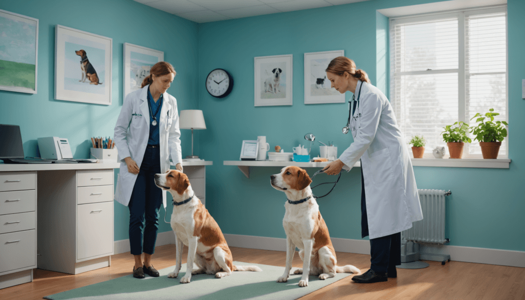 Two veterinarians examine two large dogs in a bright, blue-painted veterinary clinic with dog-themed decor, discussing possible reasons for a dog's sudden pooping in their crate at night.