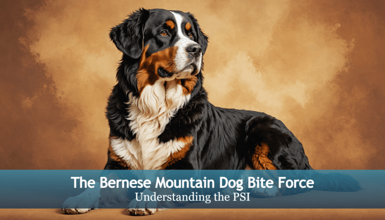 A Bernese Mountain Dog rests serenely on a brown gradient backdrop, with the text