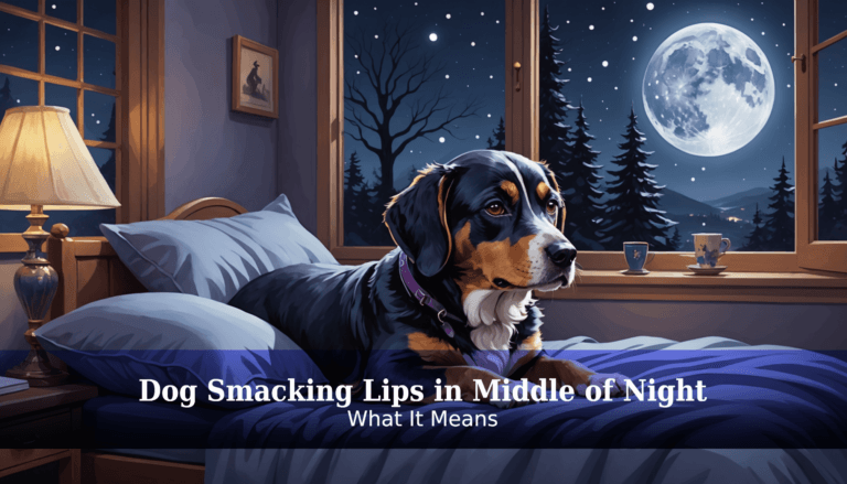 A dog lies on a bed at night, smacking its lips while looking out a window. The moon shines outside, illuminating a scene with pine trees. Text reads,