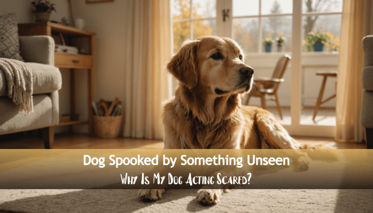 A golden retriever sits alert in a sunlit living room, its eyes wide and ears perked. The text on the image reads,
