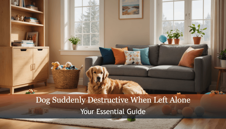 A golden retriever lounges on a colorful rug amid scattered toys, nestled by a sofa and houseplants. Text overlay reads,