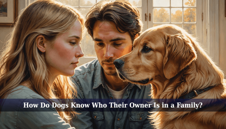 A woman and man sit closely with a Golden Retriever gazing at them. Text at the bottom ponders: How do dogs know who their owner is in a family?.