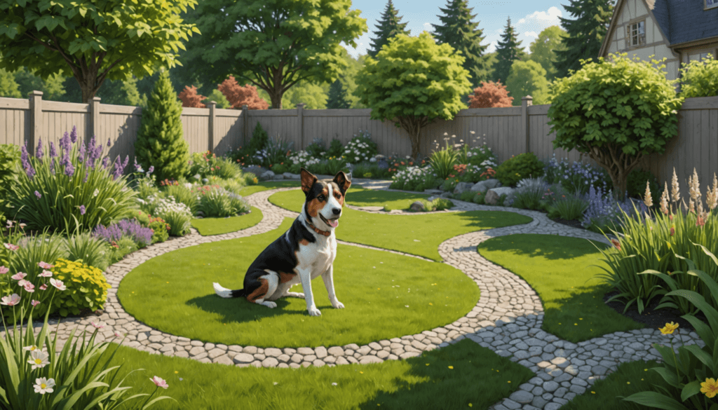 A dog sits on a neatly manicured lawn with stone pathways in a fenced garden, surrounded by trees and colorful flowers under a clear sky.