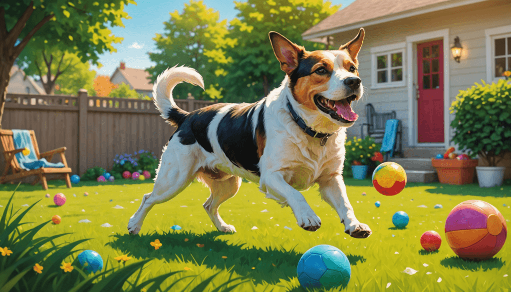 A dog joyfully runs across a sunny backyard filled with colorful balls and green grass, with a house and garden in the background.