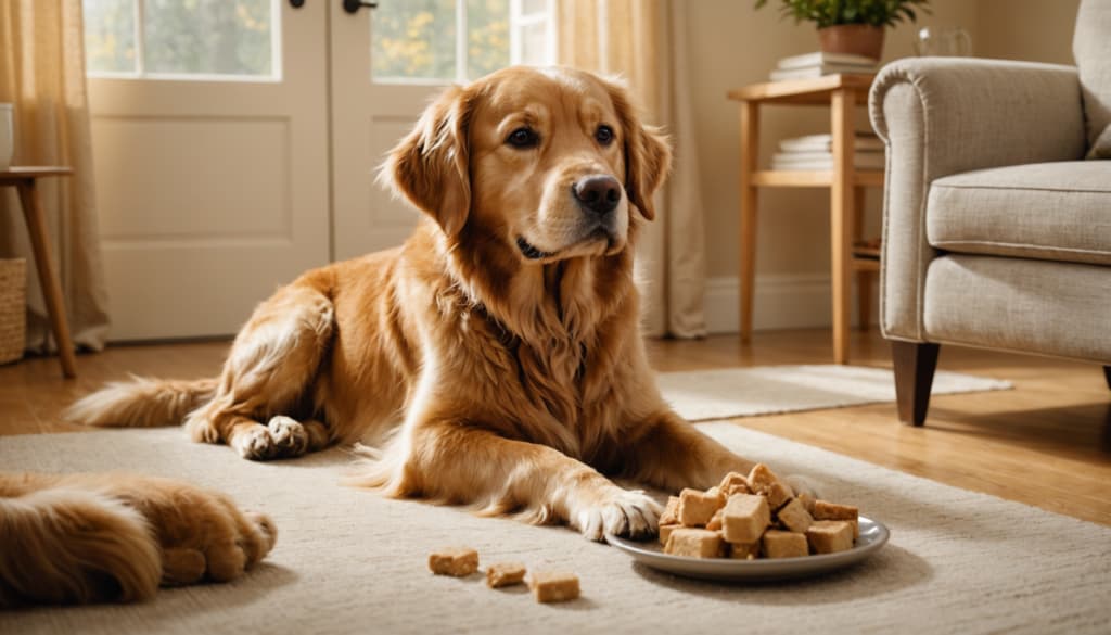 A golden retriever lies on a rug indoors, eyeing a plate of dog treats placed in front. This moment of calm serves as a gentle reminder that sometimes, distraction is the perfect way to explore how to stop dog barking effectively.