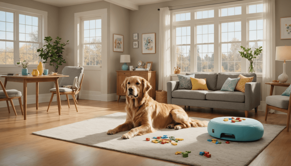 A golden retriever lounges on a rug in a sunlit living room, surrounded by colorful toys. The room boasts a gray sofa, dining table, and potted plants near large windows with cream-colored curtains. Time stretches differently here—after all, how long does 2 weeks feel to a dog?.