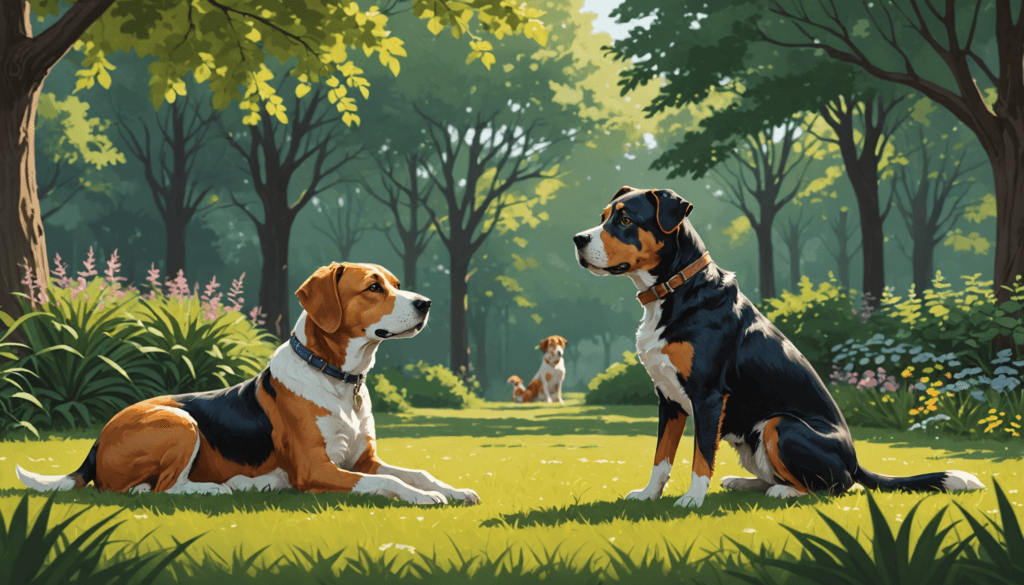 Two dogs sit facing each other on the grass of a sunlit tree-lined path, with a third dog playfully observing from behind, perhaps pondering how to stop male dog behavior from interrupting their peaceful gathering.