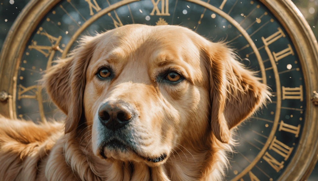 A golden retriever sits patiently in front of a large, round clock with Roman numerals, pondering how long two weeks might feel to a dog.