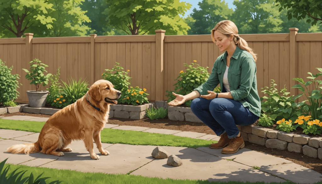 A woman crouches on a garden path, gesturing to a sitting golden retriever. Wooden fence and shrubs in the background.