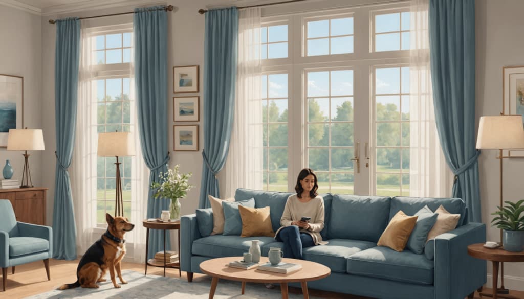 A woman sits on a blue sofa, engrossed in 
