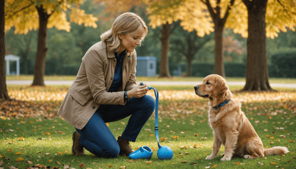 In a serene park, a woman kneels on the grass, clutching a blue dog leash as she calmly demonstrates how to stop aggressive puppy biting. Her golden retriever sits attentively, autumn leaves painting the trees in the backdrop.