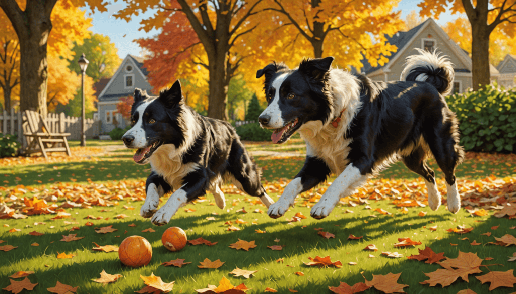 Two dogs joyfully run through a leafy yard with small pumpkins, under colorful autumn trees in a residential neighborhood, embracing the moment as if they are savoring weeks of happiness in just one afternoon.