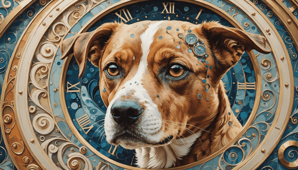 A realistic illustration of a brown and white dog surrounded by clock gears and Roman numerals evokes a steampunk vibe, pondering the timeless question: How long does 2 weeks feel to a dog?.