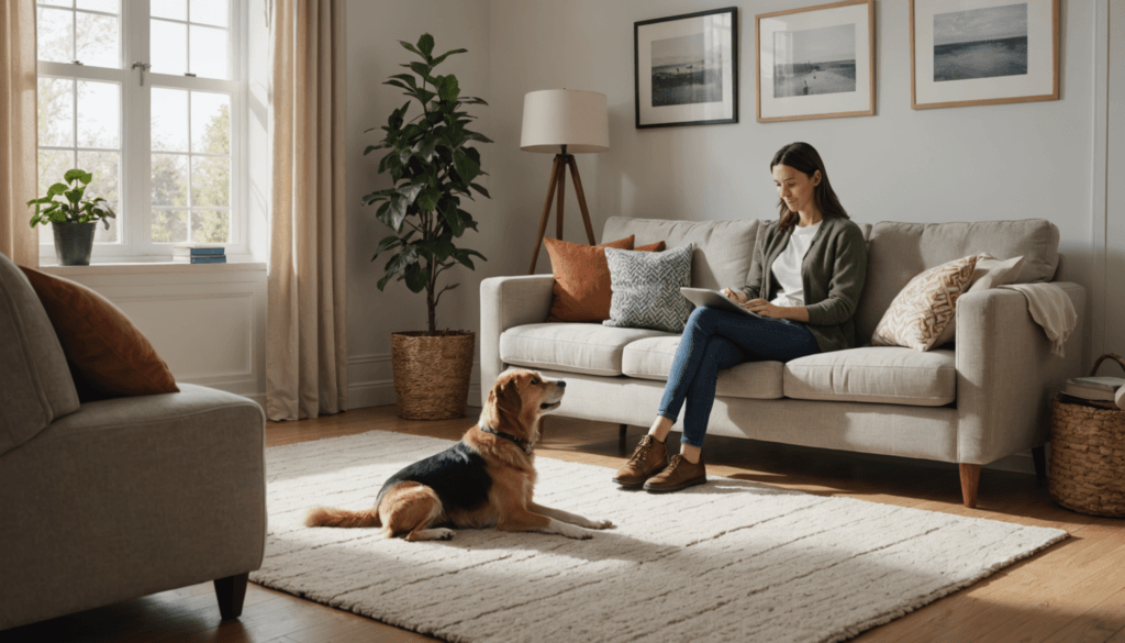 A woman sits on a couch in a well-lit living room, searching on her laptop for tips on how to stop dog whining for attention. Nearby, her dog lies quietly on the rug amidst plants and framed pictures.
