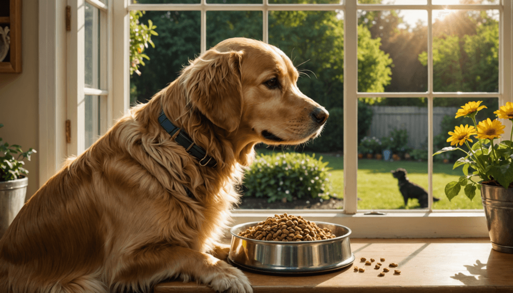 Golden retriever sitting by a bowl of dog food on a window ledge, with a garden and another dog seen outside in the background.