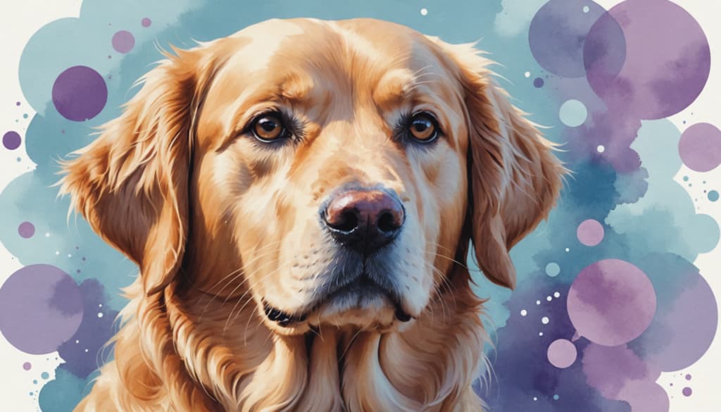 A golden retriever with long fur poses against an artistic backdrop of blue and purple watercolor bubbles, exuding tranquility. A visual reminder of calmness that might inspire anyone figuring out how to stop dog barking with gentle techniques.