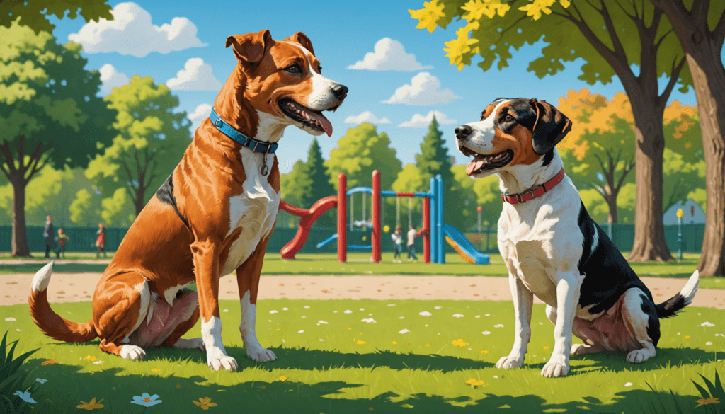 Two dogs with different colored coats sit on grass near colorful playground equipment, under a blue sky with scattered clouds. Trees surround the area, and people are visible in the background, seemingly discussing how to stop a male dog from peeing on a female dog nearby.