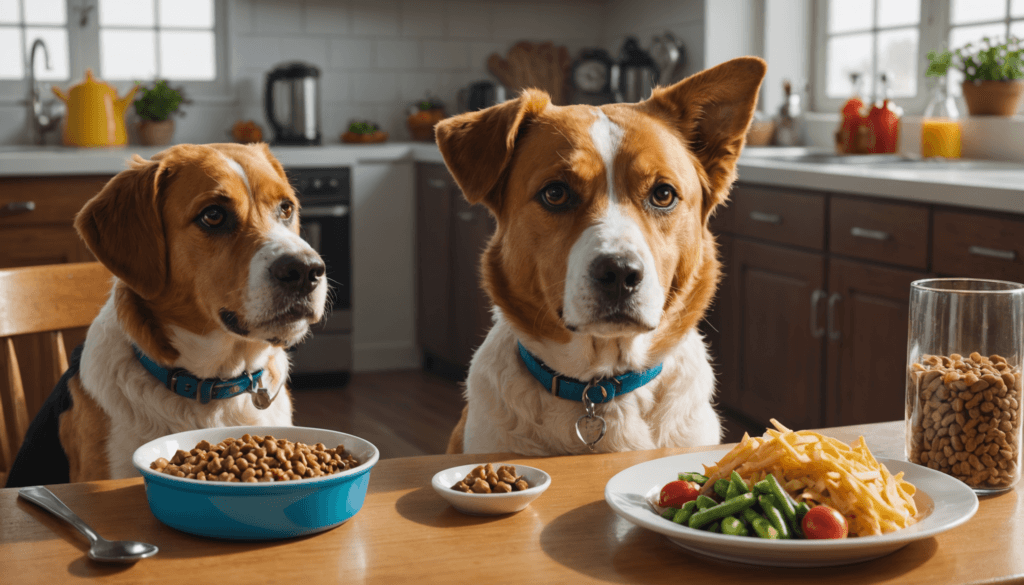 Two dogs sit at a kitchen table with bowls of kibble and plates of vegetables and pasta in front of them.