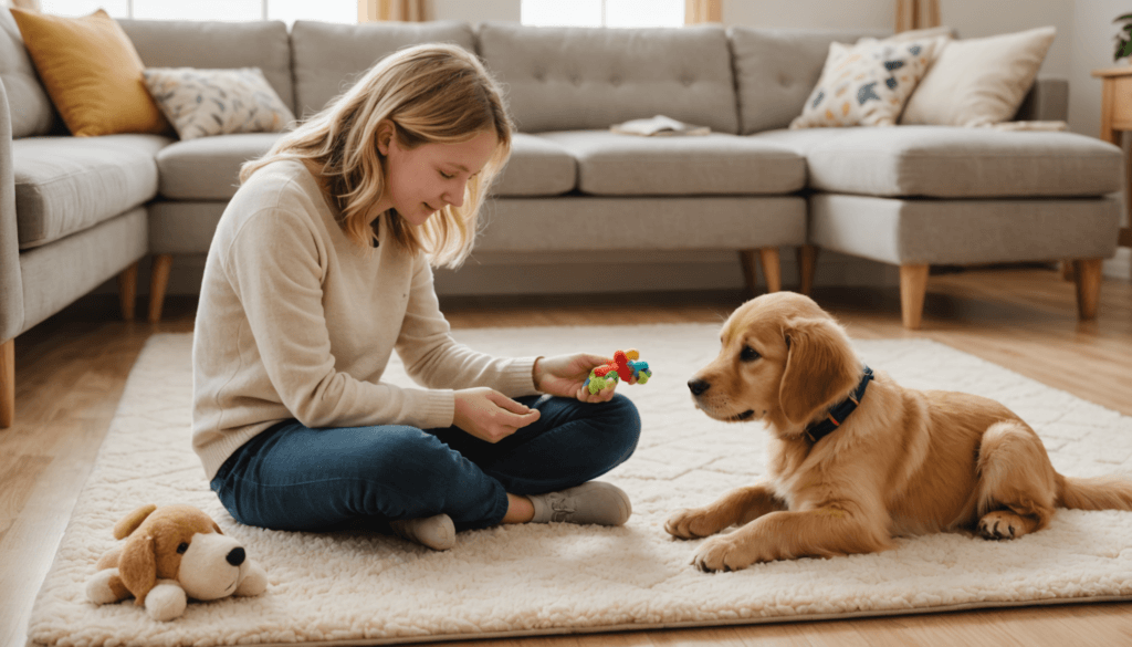 A girl sits on a rug in the living room, gently holding a toy to keep the golden retriever puppy's attention away from mischief. A stuffed animal lies nearby, part of the strategy on how to stop aggressive puppy biting early on.