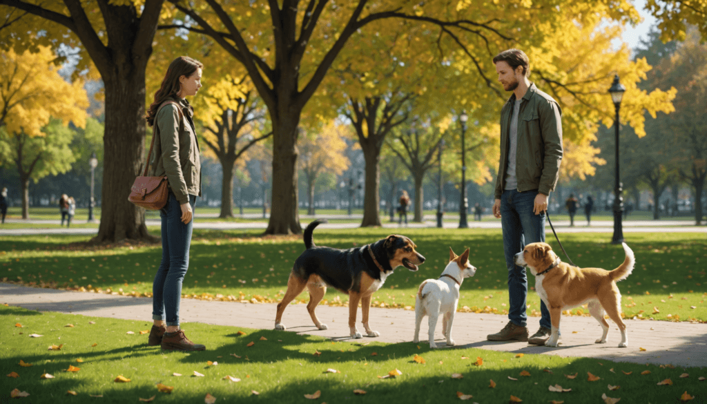 A man and woman leisurely stand on a park path with their three dogs, surrounded by the vibrant hues of autumn leaves, perhaps pondering how to stop their male dog from peeing on the female.