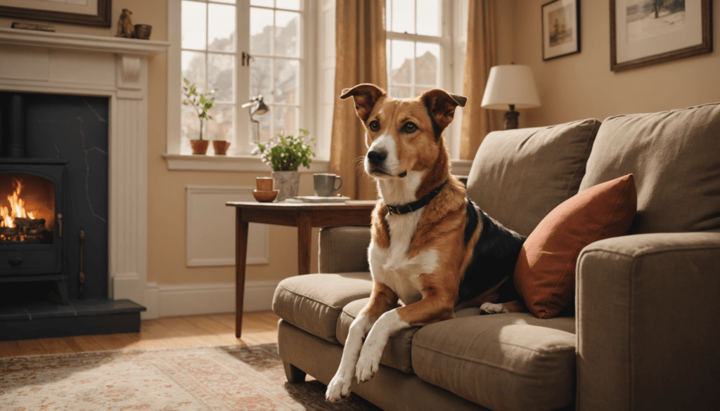 A dog sits attentively on a couch in a cozy living room, basking in the warmth of a lit fireplace and sunlight streaming through the windows—a serene moment that makes learning how to stop dog whining for attention seem like a far-off concern.