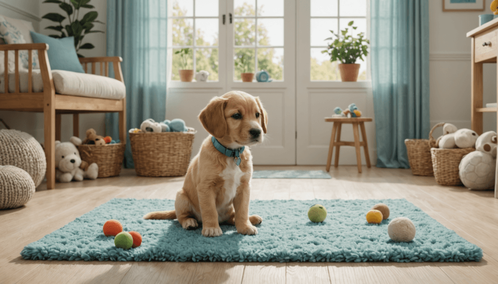 A playful puppy lounges on a blue rug, surrounded by colorful balls in a sunlit room with wooden furniture, large windows, and lush plants—a perfect setting for learning how to stop aggressive puppy biting.