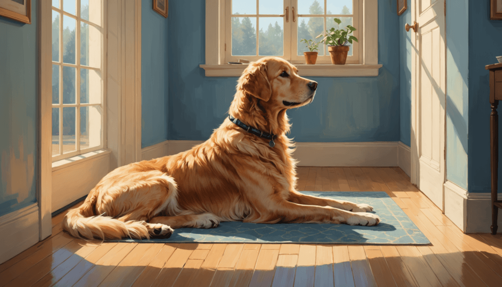 A golden retriever lounges on a blue rug in a sunlit room, basking in the warmth as sunlight streams through large windows. A plant sits peacefully on the windowsill, silently pondering how long 2 weeks feel to a dog blissfully unaware of time's passage.