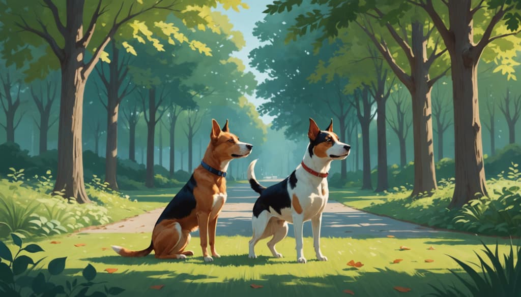 Two dogs with red collars quietly enjoy the sunlit path in a green, leafy forest, offering a peaceful escape from everyday worries about how to stop dog barking.