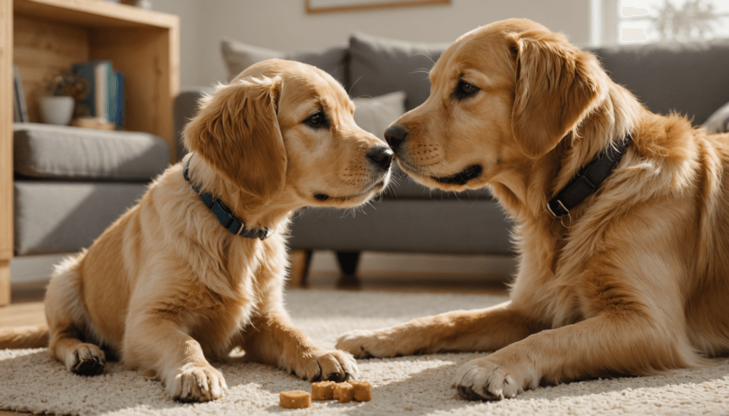 Two golden retrievers face each other on a carpet, one adult and one playful puppy with treats in front of it. As they interact gently, the scene subtly hints at peaceful companionship—perhaps an answer to how to stop aggressive puppy biting. A cozy sofa rests in the background.