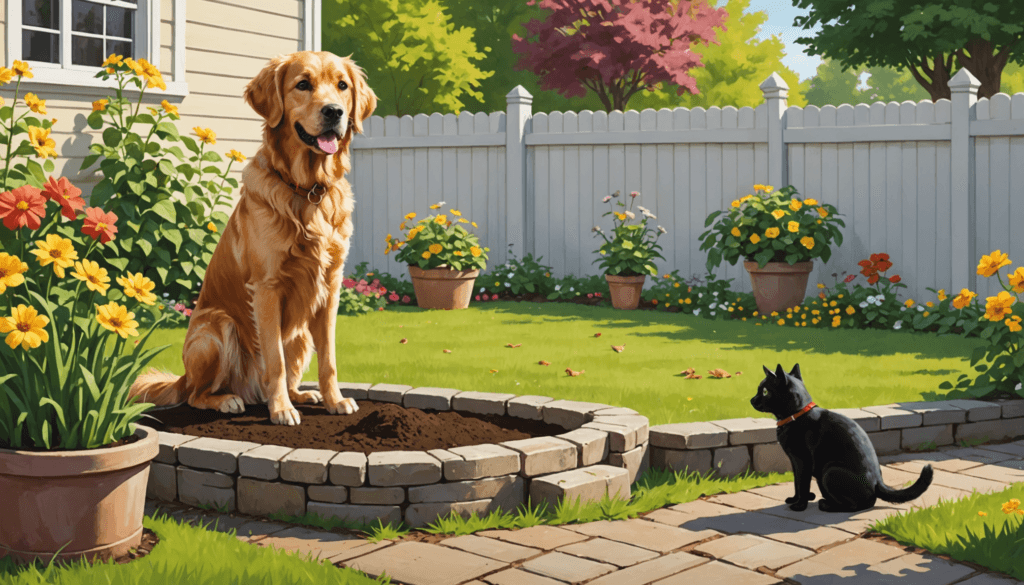 A golden retriever sits on a raised garden bed, while a black cat sits on a path in a sunny backyard with flowers and a white fence.