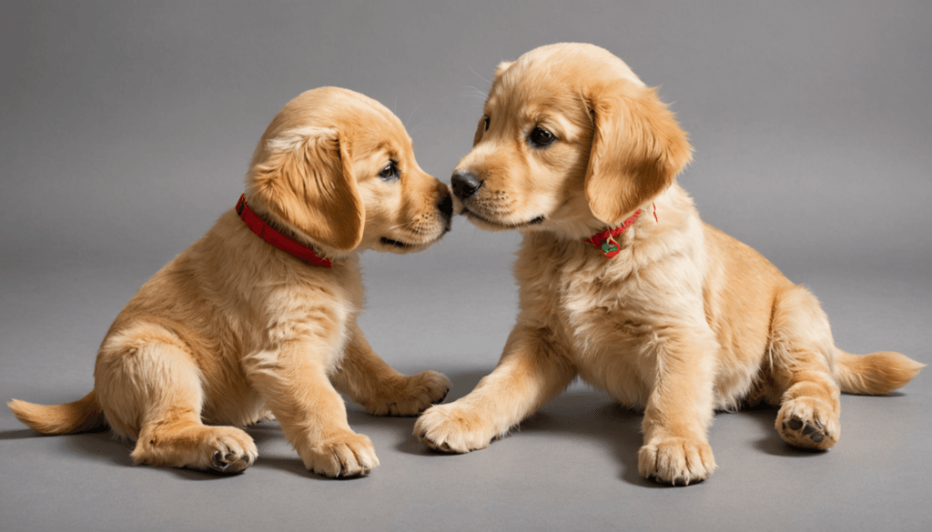 Two light brown puppies with red collars face each other on a gray background, playfully nipping in a scene that hints at learning how to stop aggressive puppy biting.