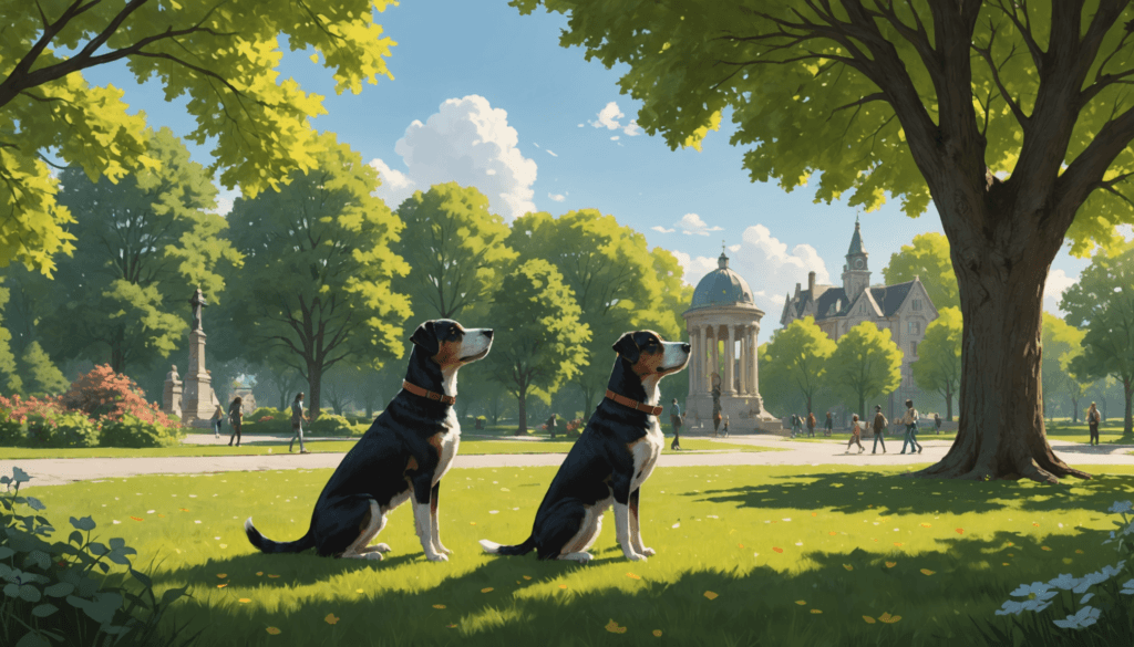 Two dogs relax on a grassy park under trees. People stroll in the background, with a domed gazebo and historic building visible on this bright, sunny day. Green foliage frames the scene, setting a peaceful vibe that's perfect for pondering how to stop male dogs from peeing on female companions.