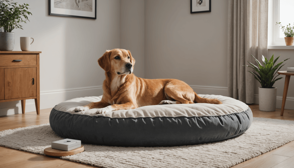 A brown dog lounges contentedly on a large, round bed amidst the living room's wooden furniture and lush plants, framed pictures hanging on the walls—a serene scene for those learning how to stop dog whining for attention.