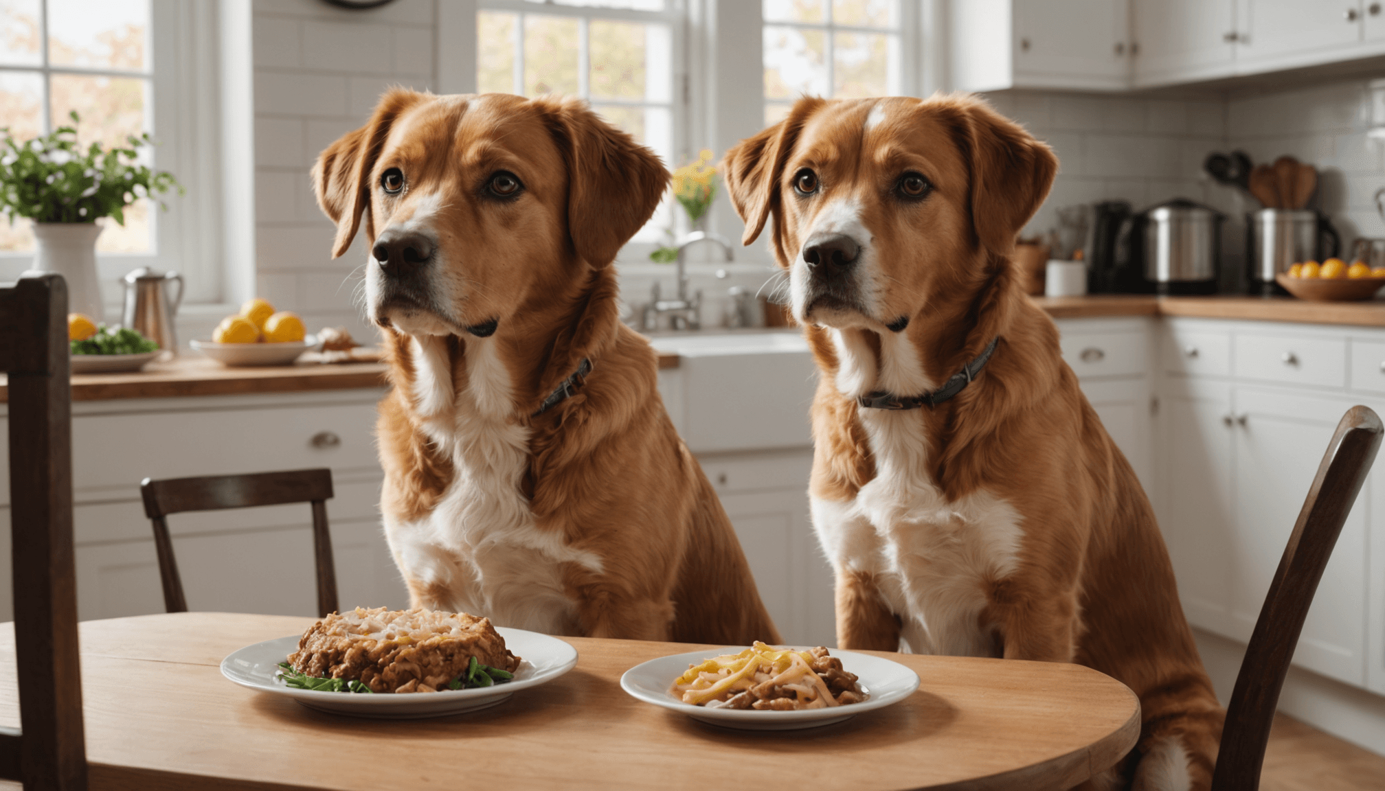 How to Stop Dog from Begging for Food Two similar brown and white dogs sitting at a kitchen table, each in front of a plate of food.