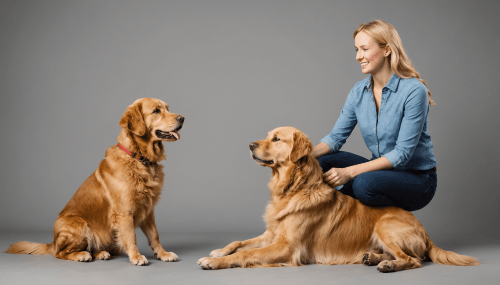 A woman in a blue shirt sits on the floor, smiling at two golden retrievers. One dog sits calmly, while the other lies beside her, demonstrating their gentle nature—a contrast to when she first learned how to stop aggressive puppy biting against a gray background.