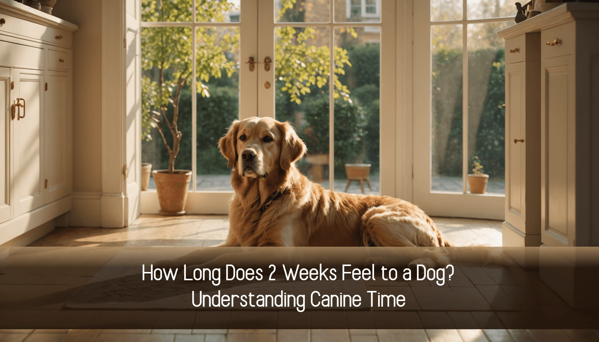A golden retriever lounges on the sunlit floor by glass doors, with the text overlay, 