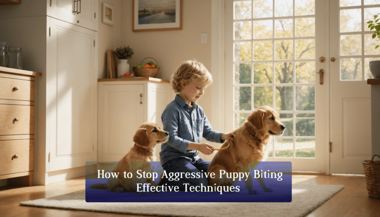A child sits peacefully with two dogs on a sunlit rug, while a text overlay offers insights on