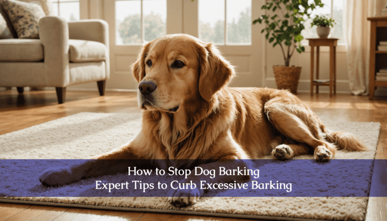 A golden retriever lounges on a rug in the cozy living room, with a text overlay: