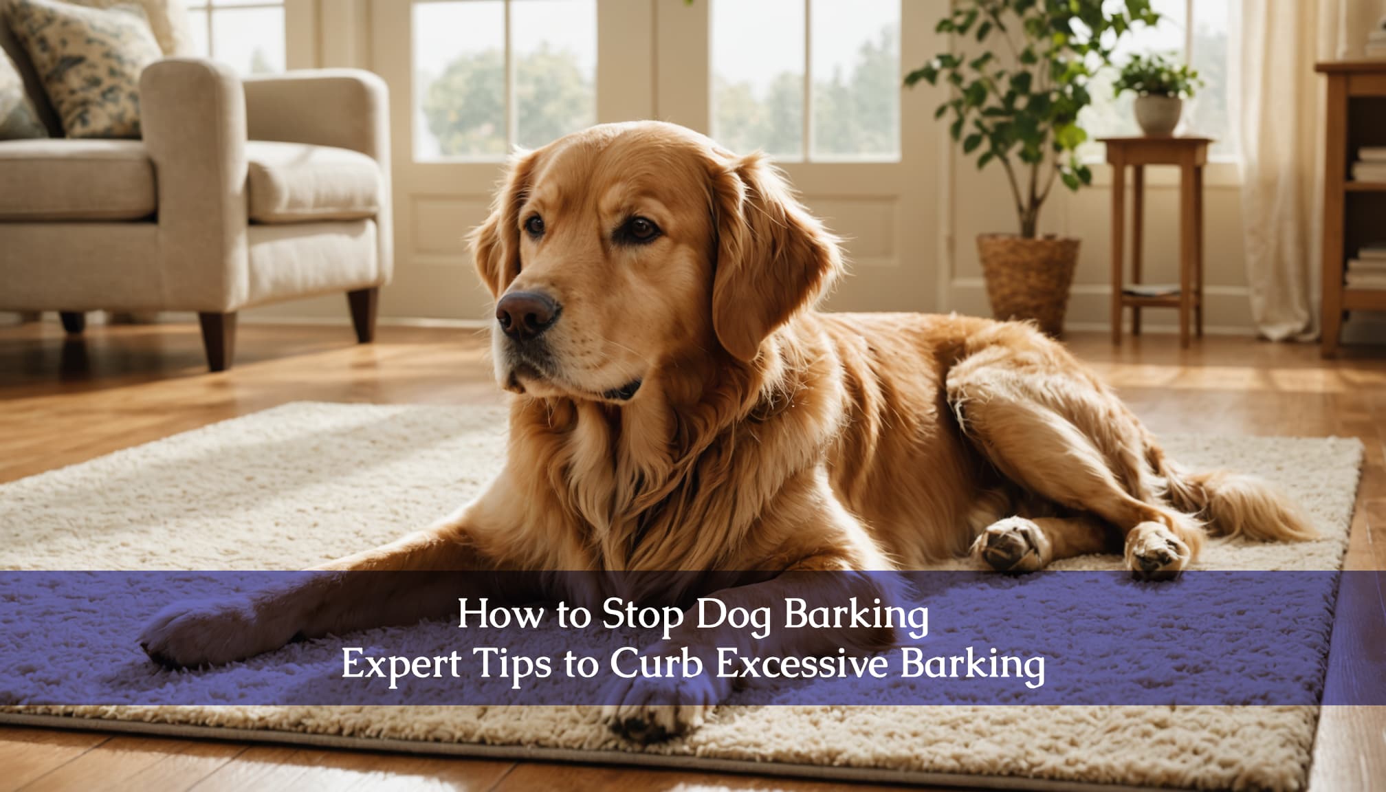 A golden retriever lounges on a rug in the cozy living room, with a text overlay: 
