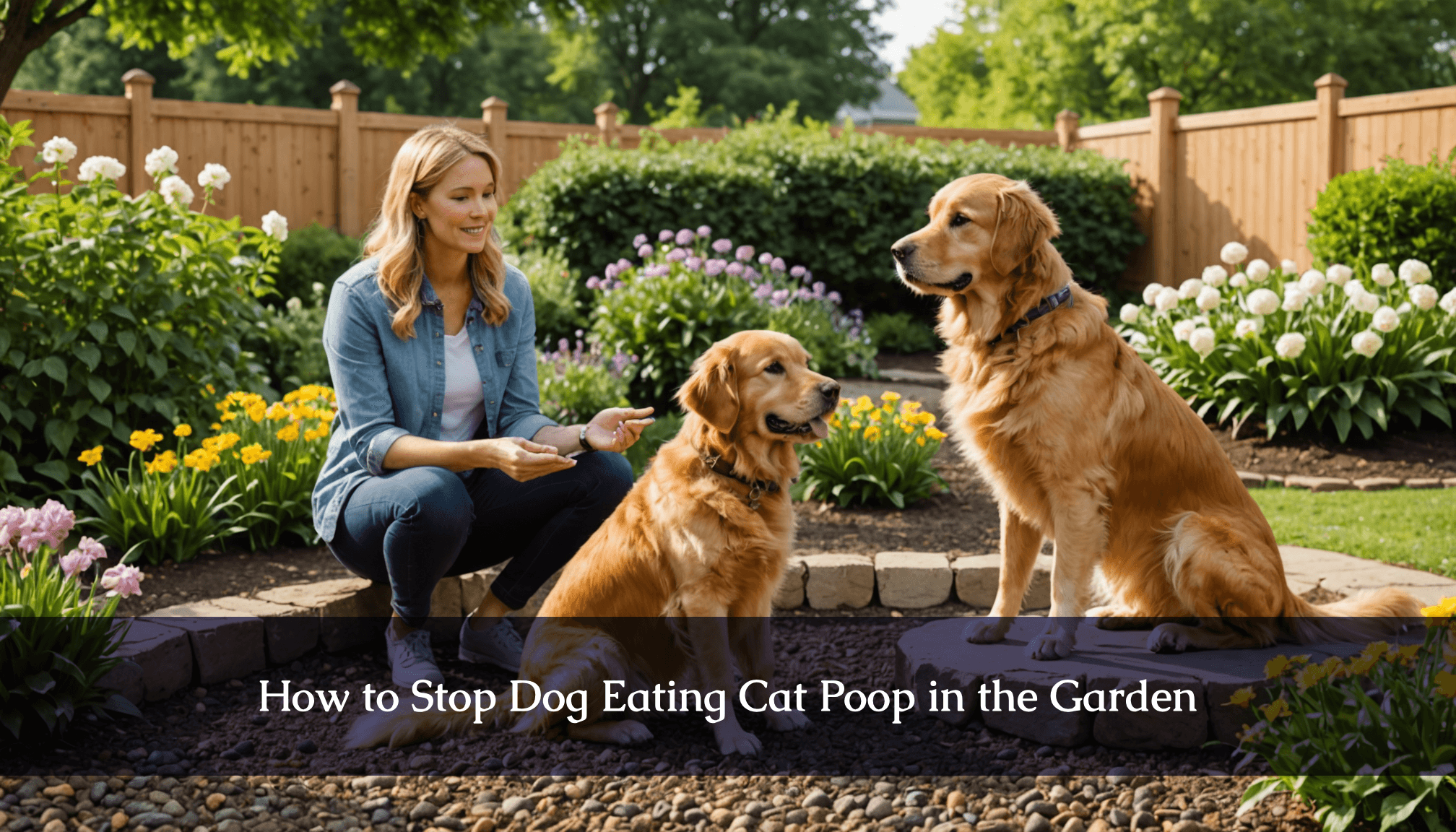 Amidst a garden blooming with colorful flowers, a woman kneels beside her two golden retrievers by a wooden fence. Over the serene scene, the text 