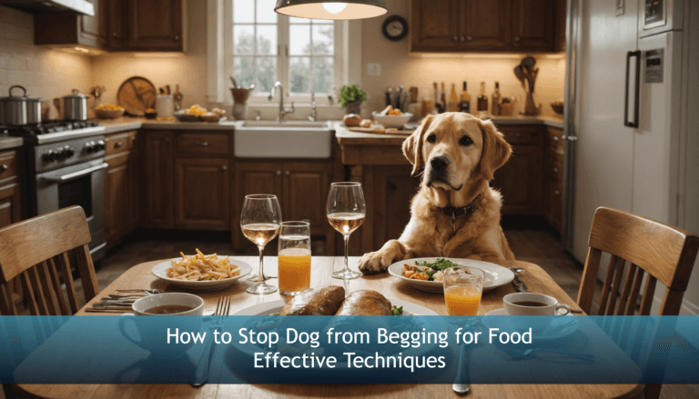 A golden retriever sits patiently at a dining table filled with food and drinks, framed by a banner that reads,