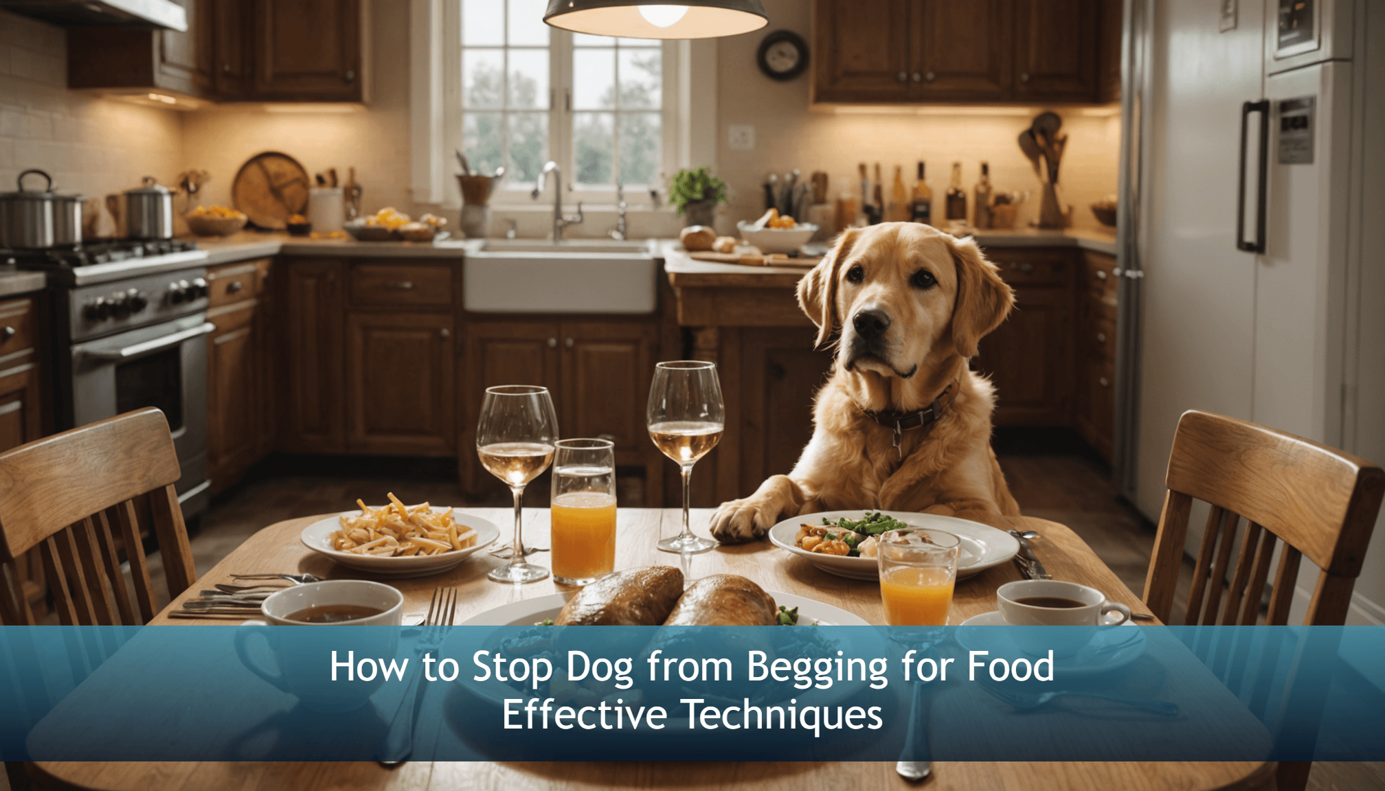 A golden retriever sits patiently at a dining table filled with food and drinks, framed by a banner that reads, 