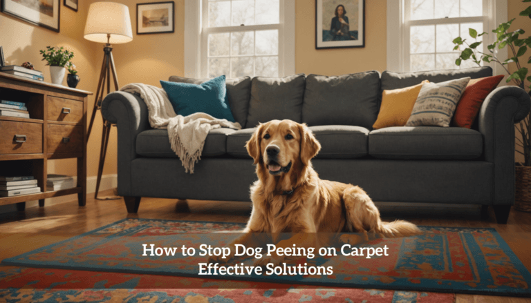 A golden retriever sits on a rug in a cozy living room, surrounded by a sofa, cushions, and a lamp. Curious about 