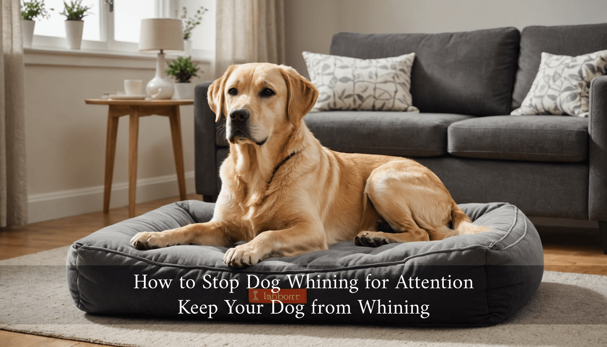 A golden retriever reclines on a gray dog bed in a cozy living room with a couch and table. Text reads: 