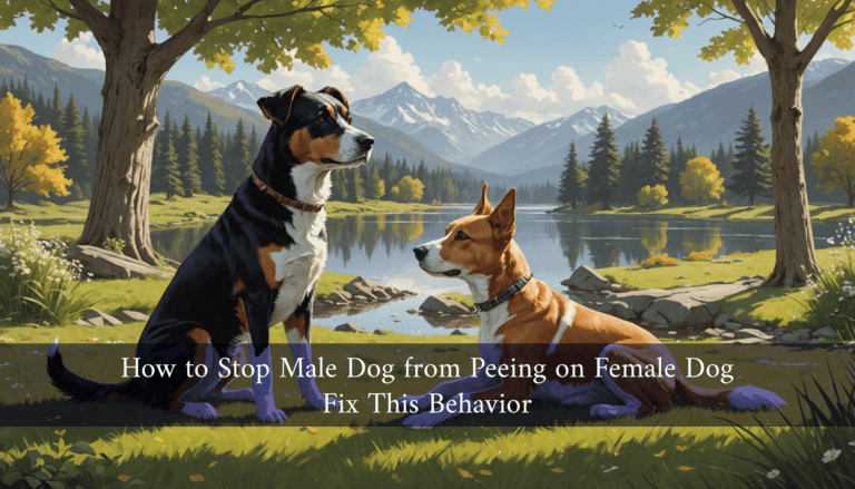 Two dogs sit on the grass by a picturesque lake, with majestic mountains in the background. Text overlay reads, 