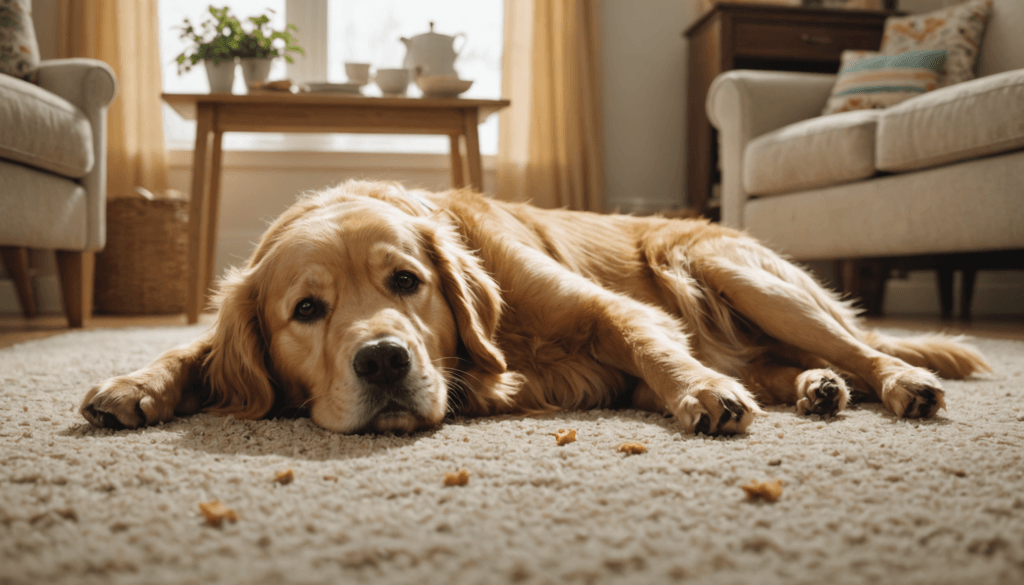A golden retriever lounges on a carpeted floor in a cozy living room, with sunlight streaming through the windows—a perfect spot to practice how to teach your dog to play dead.