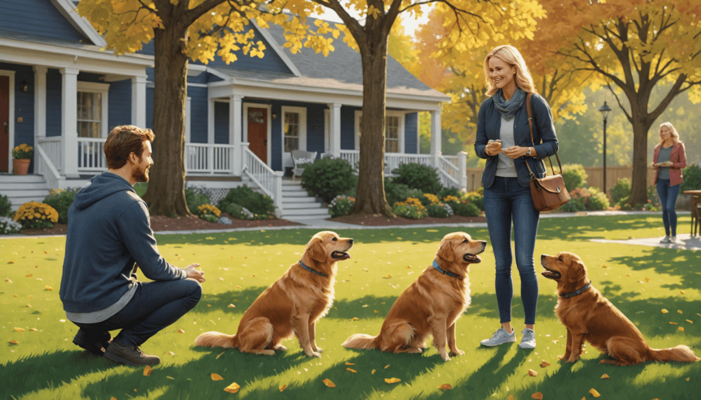 A man kneels while a woman stands, both facing three sitting Golden Retrievers on a grassy lawn. A tree with yellow leaves stands nearby, with houses in the background. They share a gentle moment, ensuring everyone feels safe and loved—because scruffing a dog is not their approach to care.