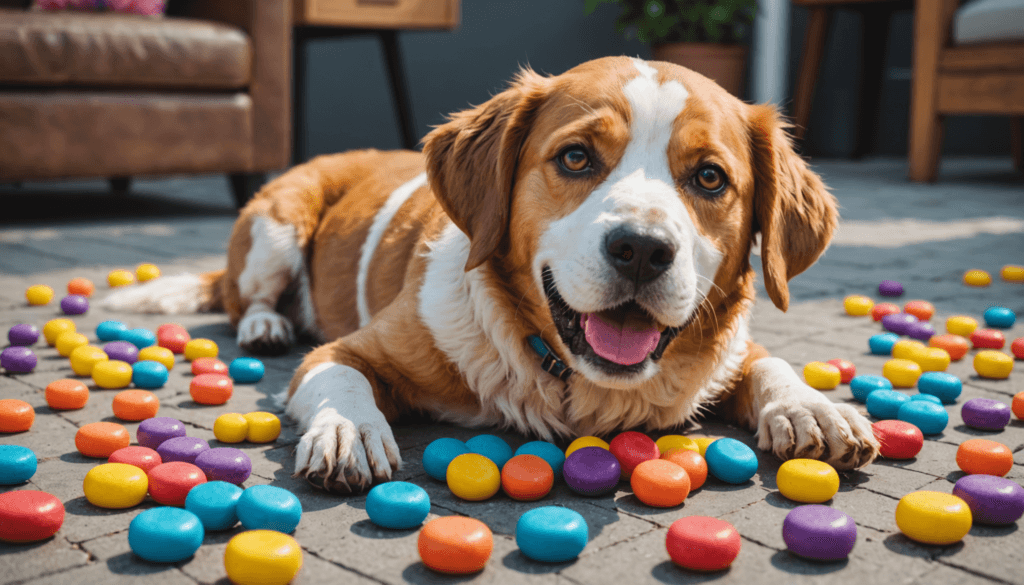 A dog lies on a patio surrounded by colorful round candies, with furniture in the background. It's as if he's mastered the art of playing dead, adding a whimsical touch to an already vibrant scene.
