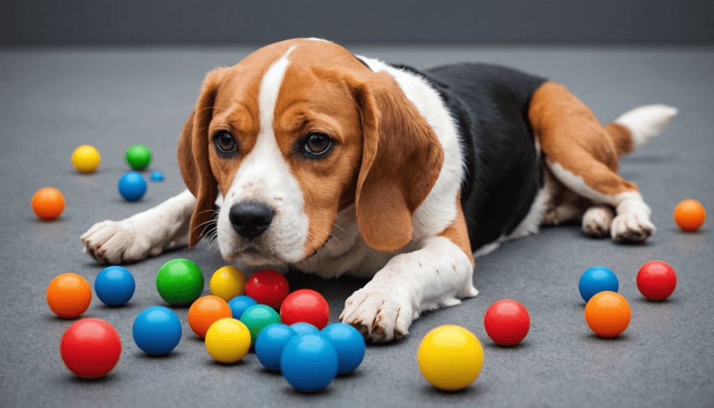 A Beagle lies on the floor amidst a sea of colorful plastic balls, eyeing them curiously, perhaps pondering how to play dead for its next trick.